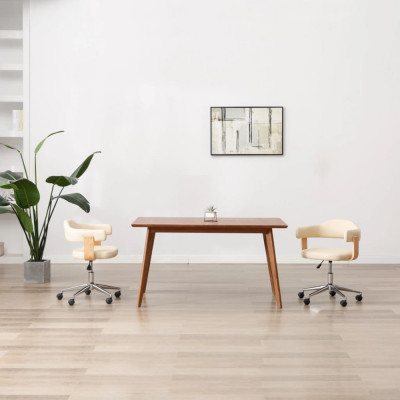 vidaXL Scaun de birou pivotant, crem, lemn curbat și piele ecologică foto