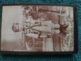 SUPERBA fotografie , anul 1900 ,atelier S SCHWARZ BUCAREST ,Calea Rahovei no 42 , Calea V ACARESTI 44 . copila .dimensiuni 11 cm x 6 cm