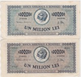 Lot 2 bancnote Rom&acirc;nia 1.000.000 lei 1947, variante de culoare, L.0249 nr. 0224 și F.1139 nr. 0236