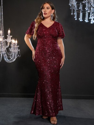 Rochie maxi cu maneca scurta, decolteu in V, glitter, rosu, dama foto