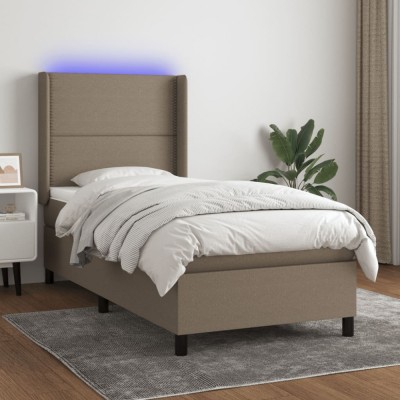 vidaXL Pat cu arcuri, saltea și LED, gri taupe, 90x190 cm, textil 3138201 foto
