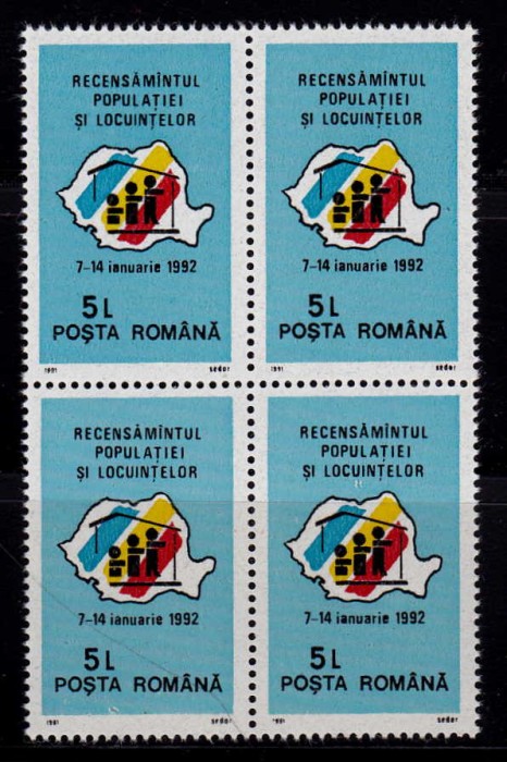 RO 1991 LP 1264 &quot;Recensamantul populatiei si al locuintelor&quot; , bloc de 4 ,MNH