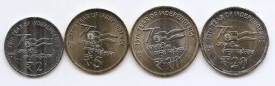 India Set 4 - 2, 5, 10, 20 Rupees 2022 (75th Year of Independence) B11, UNC !!! foto