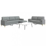 VidaXL Set canapele cu taburet și perne, 3 piese, gri deschis, textil