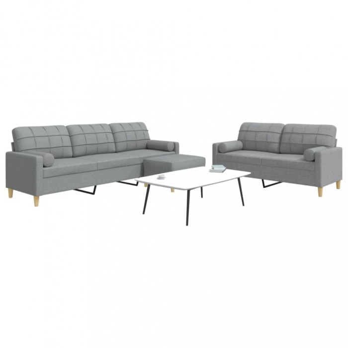 vidaXL Set canapele cu taburet și perne, 3 piese, gri deschis, textil 3278343