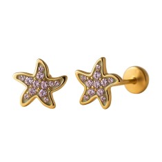 Cercei din Aur 14K pentru Copii, in forma de Stea cu Pietre Mov CZ &ndash; Inchidere cu Filet si Protectie