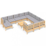Set mobilier gradina cu perne, 12 piese, gri, lemn masiv pin