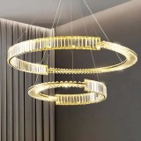 Lustra LED suspendata cu telecomanda si cristal PRISM REGAL 120W, 2 Cercuri, lumina Rece/Calda/Neutra, Dimabila, Auriu, Inaltime Reglabila ModernLight