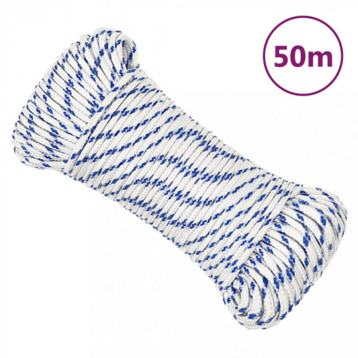 vidaXL Fr&acirc;nghie de barcă, alb, 5 mm, 50 m, polipropilenă