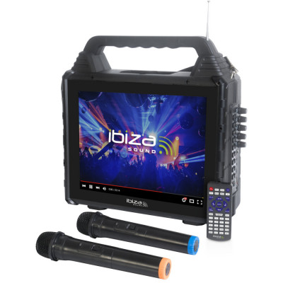 Boxa portabila karaoke cu ecran incorporat 14.1 inch Ibiza, 30W RMS, 2 microfoane wireless, FM, tuner FM foto