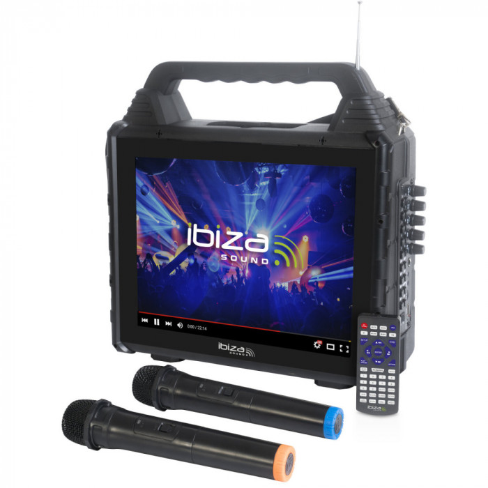 Boxa portabila karaoke cu ecran incorporat 14.1 inch Ibiza, 30W RMS, 2 microfoane wireless, FM, tuner FM