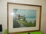 Case pe coasta lacului Como - superba PICTURA in ULEI , semnata , rama lemn , passe partout , sticla