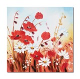 Tablou 3D maci si margarete in camp pictat manual, 50x50cm ulei pe panza, Valentin Pop