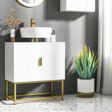 Kleankin Masca pentru chiuveta cu dulap cu 2 usi, mobilier modern din lemn si otel cu decoratiuni geometrice, 60x30x65cm, alb si auriu
