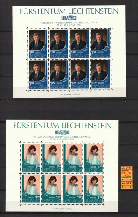 Timbre Liechtenstein, 1982 | 2x Bloc 8 valori - Expo LIBA &#039;82 | MNH - Monarhie