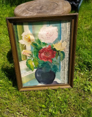 Tablou ulei pe panza, interbelic vaza cu flori foto