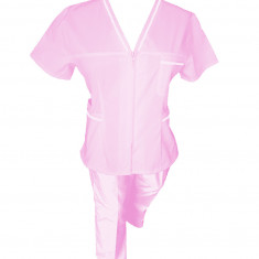 Costum Medical Pe Stil, Roz deschis cu fermoar si cu garnitura Alba, Model Adelina - L, L