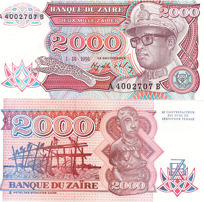 Zair 2 000 Zaires 1991 P-36 UNC