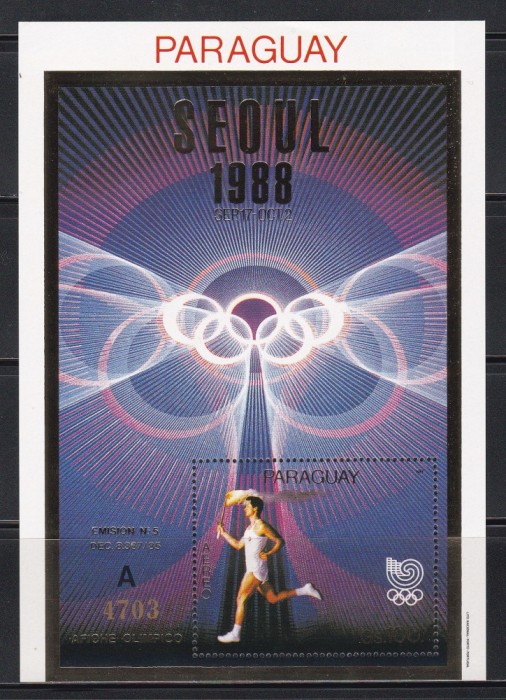 Paraguay 1988 - Jocurile Olimpice - Seul, Colita cu Folie Aur, RARA, Cota 25 EURO, MNH