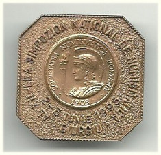 Insigna Al XII-lea Simpoz. Nat. de Numismatica Giurgiu 1995 foto