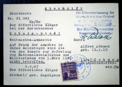 P.194 GERMANIA ABSCHRIFT WEIHNACHTS-AMNESTIE COBURG-STADT 2.4.1947 ALFRED R&amp;Uuml;BSAM foto