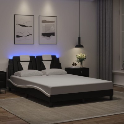 vidaXL Cadru de pat cu LED, negru și alb, 140x200 cm, piele ecologică 3214027 foto