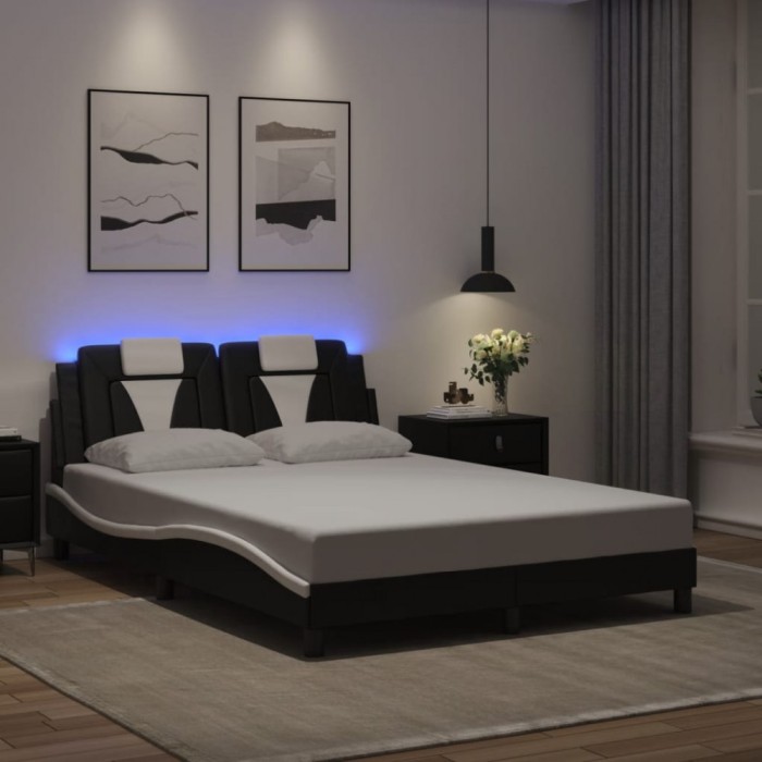 vidaXL Cadru de pat cu LED, negru și alb, 140x200 cm, piele ecologică 3214027