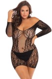 Rochie sexy din dantela elastica cu motive florale, decolteu pe umeri si maneci