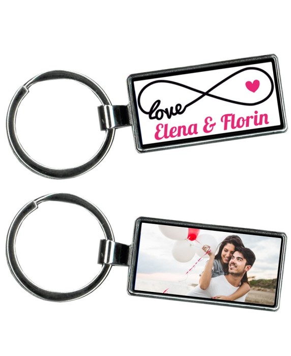 Breloc metalic personalizat cu poza si text, model Infinity Love, argintiu, 4×2 cm Breloc metalic personalizat cu poza si text, model Infinity Love, argintiu, 4×2 cm