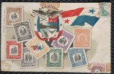 Carte Postala cu timbre din Republica Panama+stema si drapel (in relief)