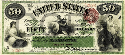 50 dolari 1864 Reproducere Bancnota USD , Dimensiune reala 1:1 foto