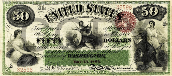50 dolari 1864 Reproducere Bancnota USD , Dimensiune reala 1:1