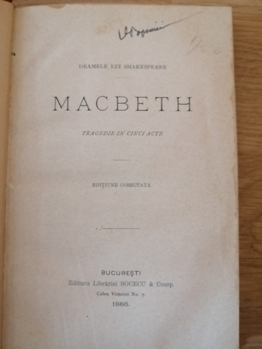 Macbeth : Shakespeare; traducere de P. P. Carp - Bucureşti : Socec, 1886