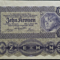 Bancnota istorica 10 COROANE / KRONEN- AUSTRIA, anul 1922 * cod 341