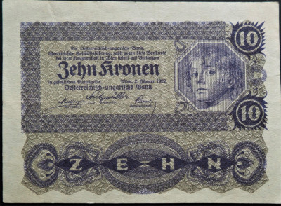 Bancnota istorica 10 COROANE / KRONEN- AUSTRIA, anul 1922 * cod 341 foto
