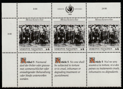 Natiunile Unite Vienna 1989-Drepturile omului Art.5,dant,MNH,Mi.96Zf1-96Zf3 foto