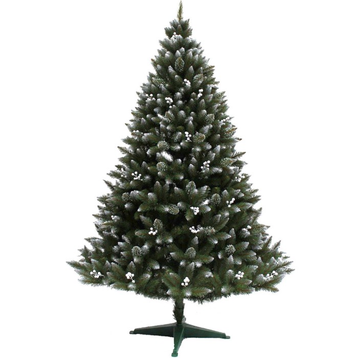 Brad Artificial de Craciun Molid HollyWhite Verde cu Fructe Albe si Zapada pe Varfuri 220cm