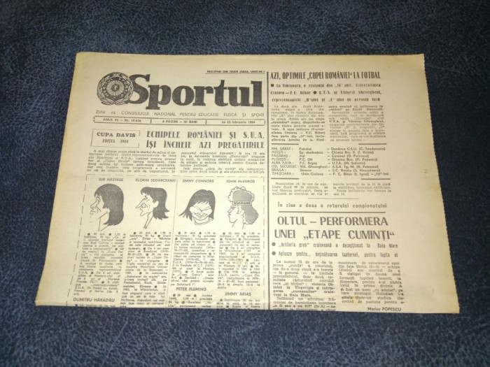 ZIARUL SPORTUL 23 FEBRUARIE 1984 CUPA DAVIS ROMANIA SUA