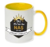 Cana maner galben personalizata &quot;Cel mai bun Nas&quot;, INOVATIX&reg;. 330ml