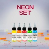Set 5 Tusuri Neon XTREME 5x30ml, Cerneala Tatuaje Profesionala, Culori Vibrante, Vegan, Conform REACH, Roz, Portocaliu, Galben, Verde, Albastru