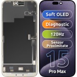 Display cu Touchscreen si Senzor Proximitate MP compatibil cu Apple iPhone 15 Pro Max, cu Rama, Versiune Soft OLED FHD 120Hz Diagnostic, Negru