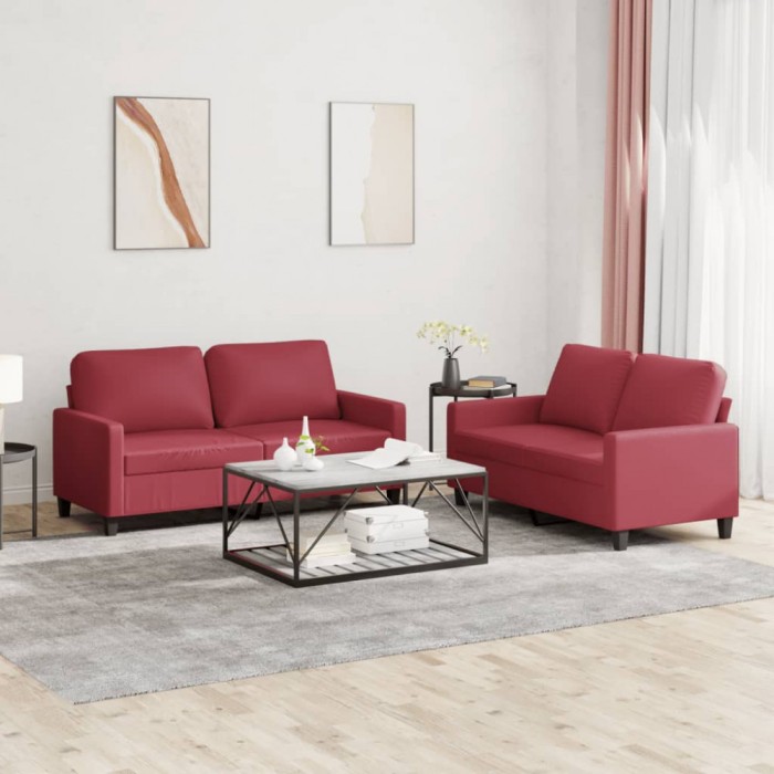 vidaXL Set de canapele cu perne, 2 piese, roșu vin, piele ecologică