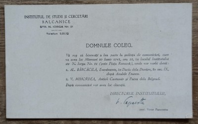 Invitatie Institutul Studii si Cercetari Balcanice, semnatura Victor Papacostea foto