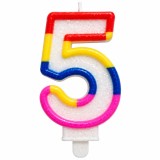 Cumpara ieftin Lumanare tort cifra 5 cu efect stralucitor, multicolora rosu, galben, albastru si roz, pentru aniversari, cu suport pentru fixare in tort