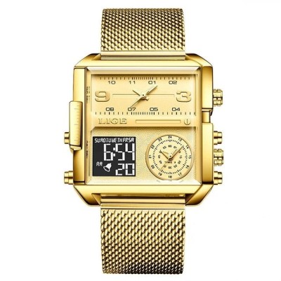 Ceas barbatesc Lige Analog Digital Otel Quartz Auriu Alarma foto