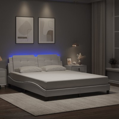 Cadru de pat cu lumini LED, alb, 160x200 cm, piele ecologică foto