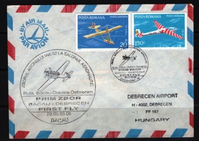 ROMANIA 1993 - AVIATIE. ZBORUL AVIONULUI IAK-52. PLIC OCAZIONAL, FDCRO3 foto