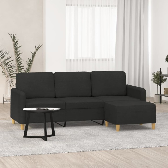 Gossi canapea cu 3 locuri cu taburet, negru, 180 cm, material textil