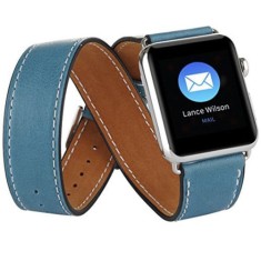 Curea iUni compatibila cu Apple Watch Ultra/SE/8/7/6/5/4/3/2/1, 40mm, Double Tour, Piele, Albastru