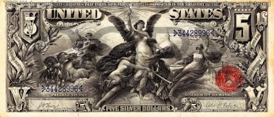 5 dolari 1896 Reproducere Bancnota USD , Dimensiune reala 1:1 foto